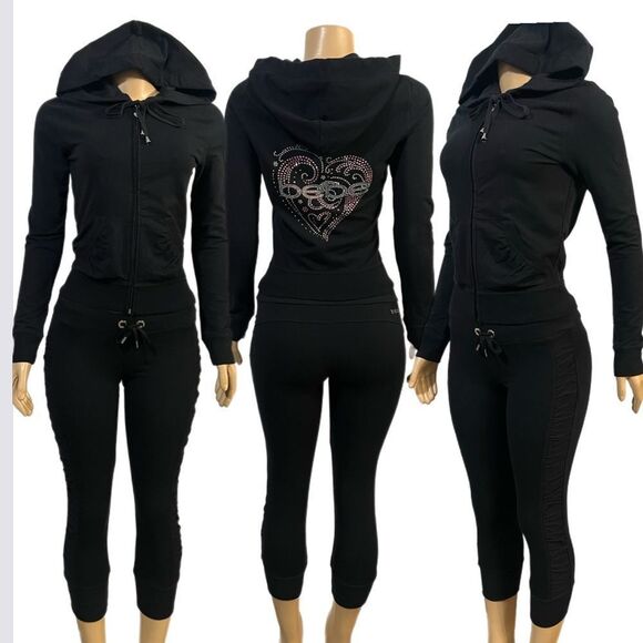 Bebe Set Valentines Day hoodie Rhinestone logo long sleeve & Ruched Side Crop S - Picture 3 of 9